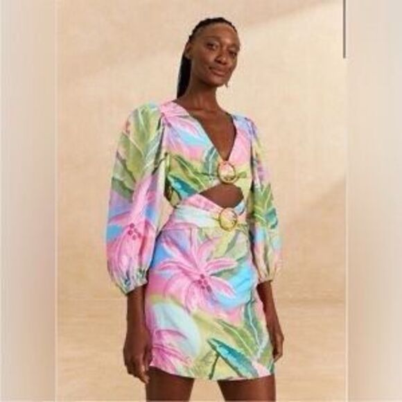 Farm Rio Dress Beach Vibe Mini Cut Out Size XL Balloon Sleeve Palm Tree Linen - Picture 1 of 7